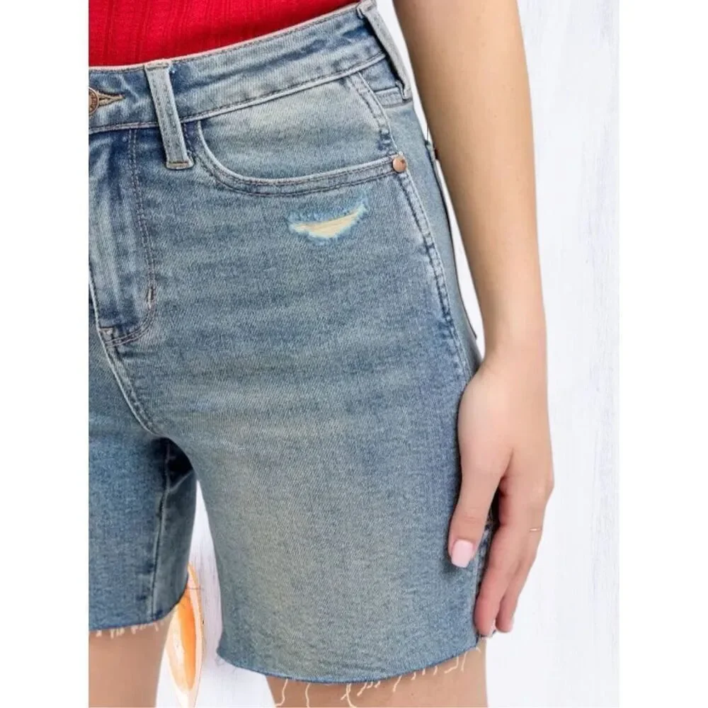 Judy Blue High Rise Side Slit Shorts Vintage Wash Raw Hem Stretch Denim NWT